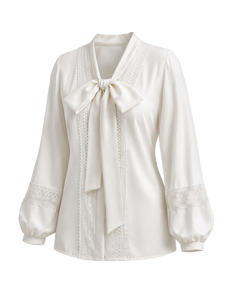 Weiße 70er Bluse mit Ballonärmel und Spitze