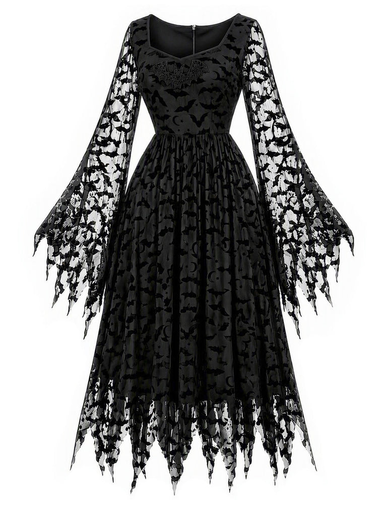 [Vorverkauf] 70er Gothic-Meshkleid mit Flügelärmeln und Mond-Fledermaus-Print