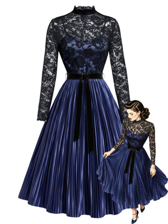 Königsblaues 50er Plisseekleid mit Spitze