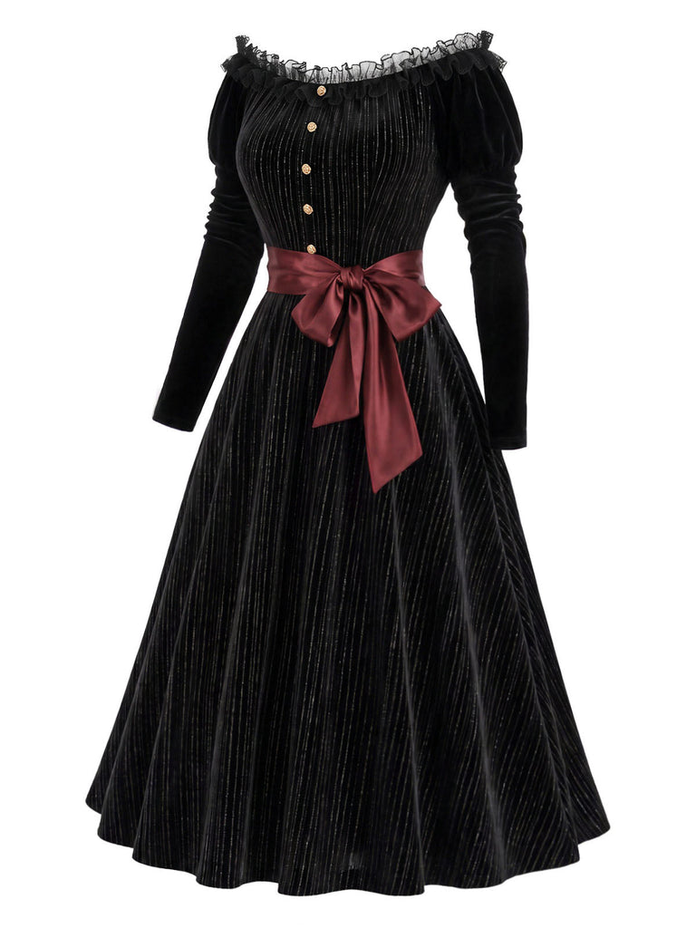 Schwarzes 50er schulterfreies Kleid mit Samt und Spitze
