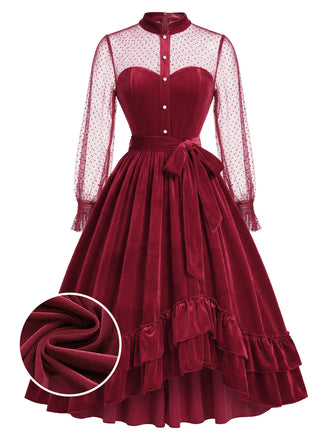 Rotes 50er Samtkleid mit Rüschen und Polka-Dot Ärmeln