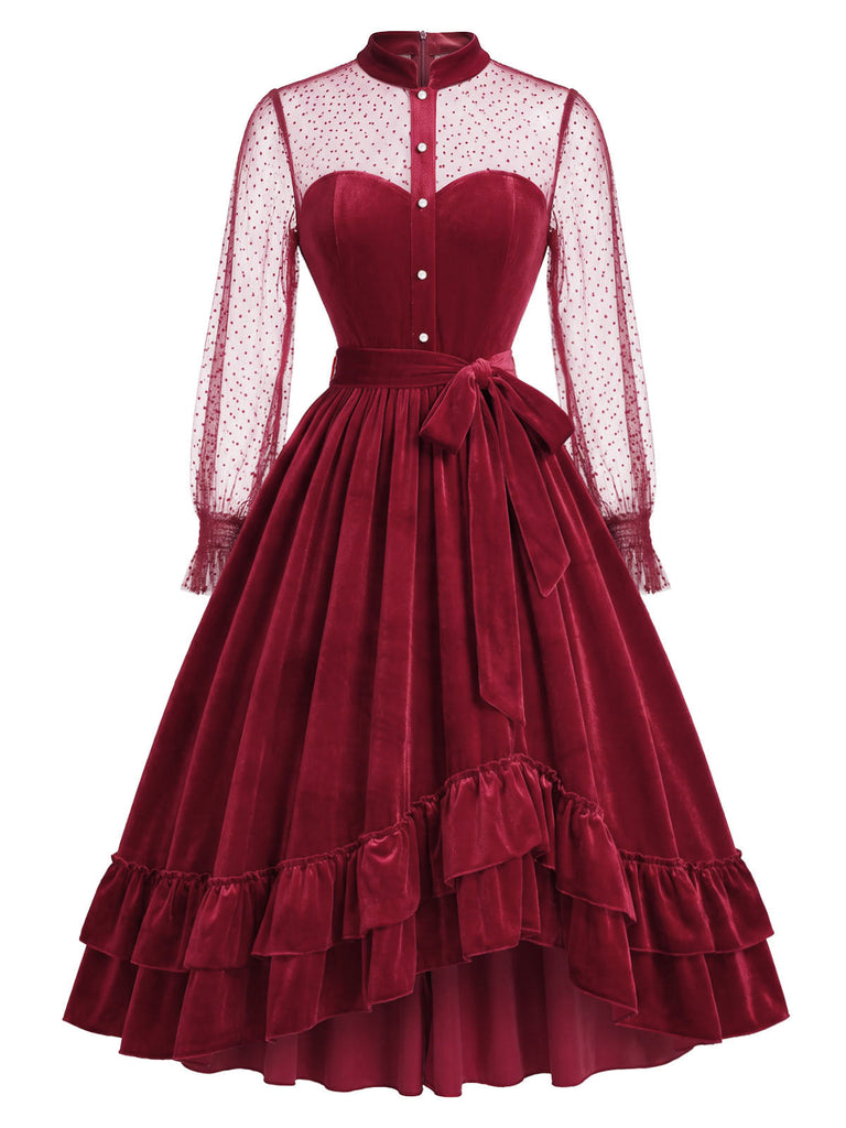 Rotes 50er Samtkleid mit Rüschen und Polka-Dot Ärmeln