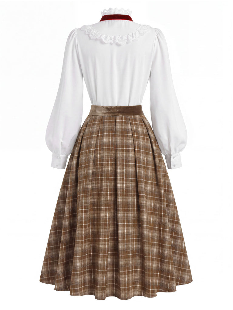 40er Set aus Bluse mit Spitzen-Rüschenkragen und Karofaltenrock