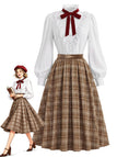 40er Set aus Bluse mit Spitzen-Rüschenkragen und Karofaltenrock