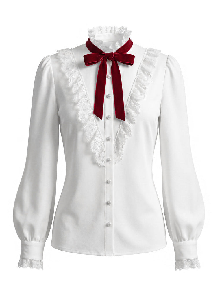 40er Set aus Bluse mit Spitzen-Rüschenkragen und Karofaltenrock