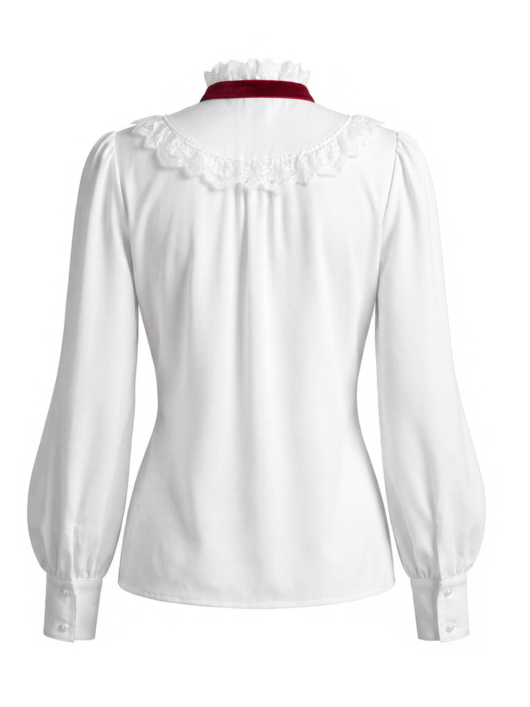 40er Set aus Bluse mit Spitzen-Rüschenkragen und Karofaltenrock