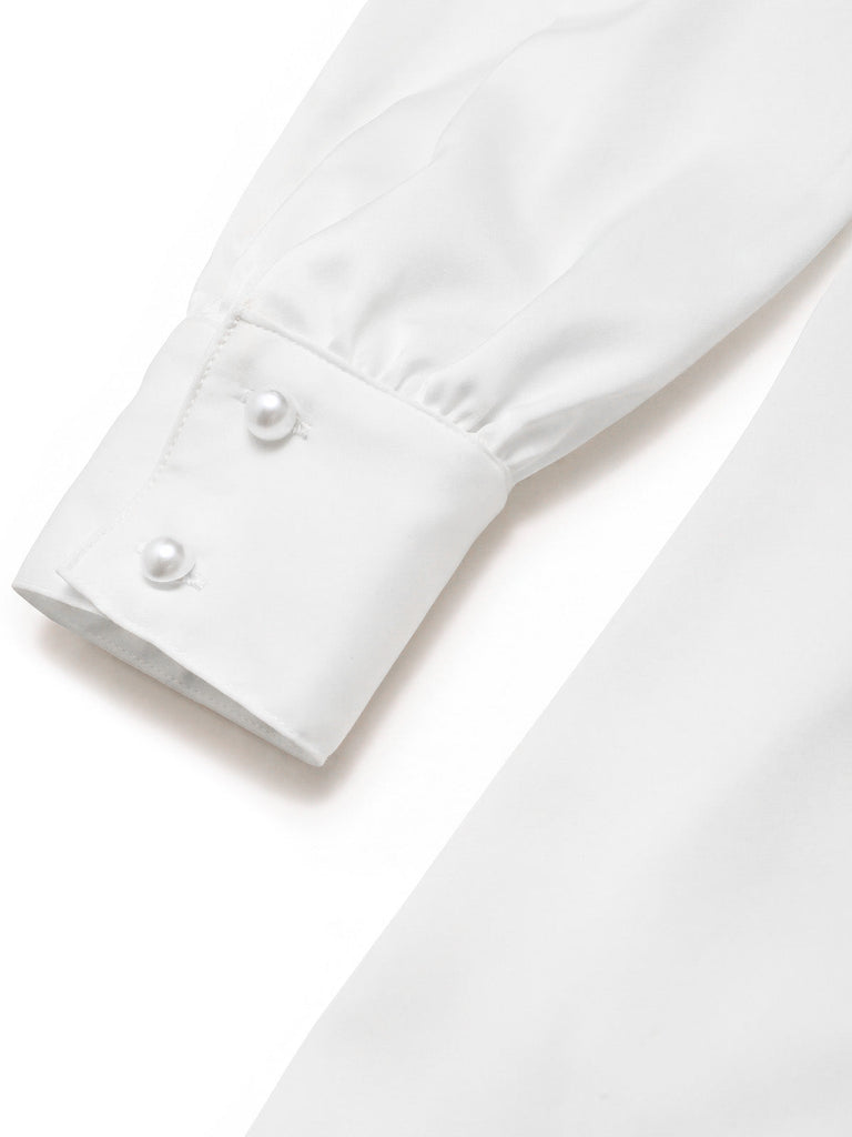 40er Bluse mit Spitzen-Rüschenkragen und Ballonärmeln