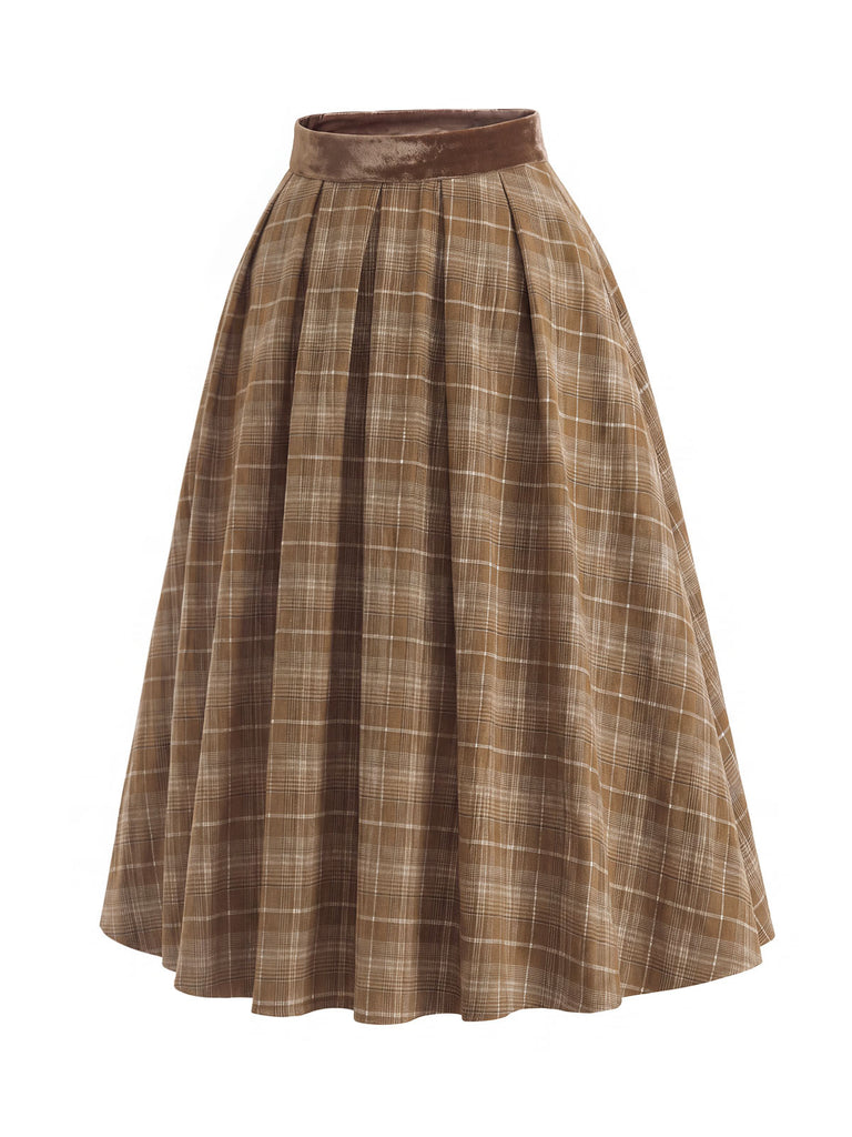 40er Set aus Bluse mit Spitzen-Rüschenkragen und Karofaltenrock