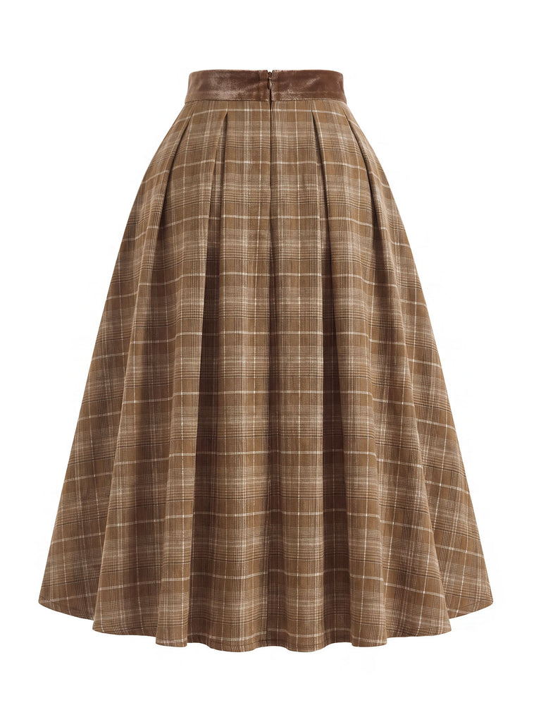 40er Set aus Bluse mit Spitzen-Rüschenkragen und Karofaltenrock