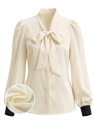 70er Satinbluse mit Schleife und Kontrastmanschetten