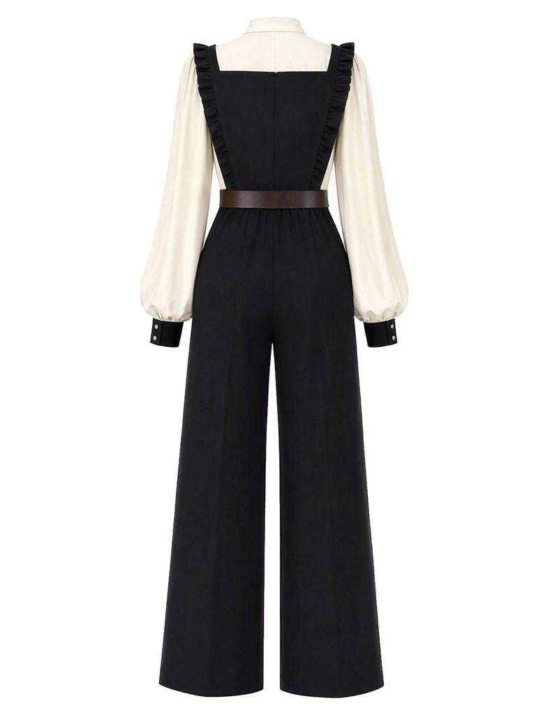 [Vorverkauf] 70er Set mit Rüschenträger-Jumpsuit und Schleifenbluse