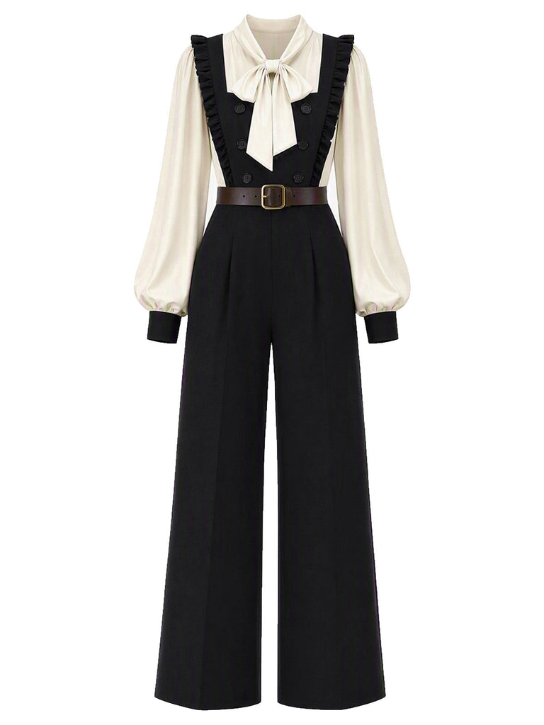 [Vorverkauf] 70er Set mit Rüschenträger-Jumpsuit und Schleifenbluse