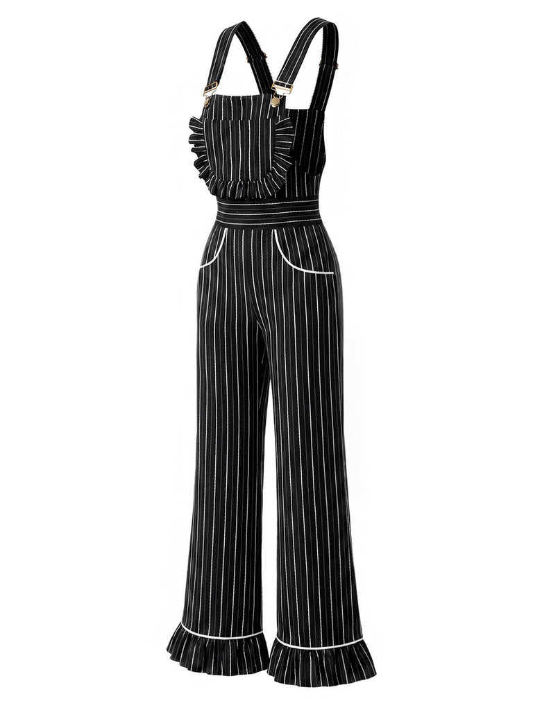 Schwarzer 30er Nadelstreifen-Overall mit Taschen und Rüschen