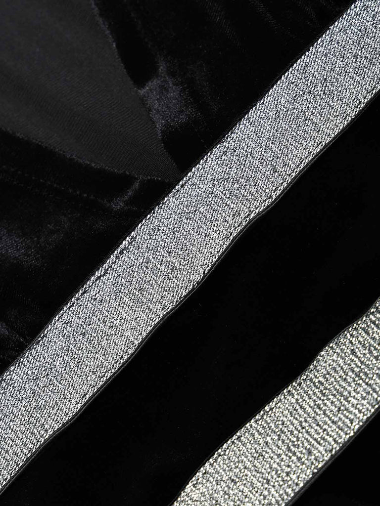 Schwarzes 80er Samtkleid mit V-Ausschnitt und Silberbund