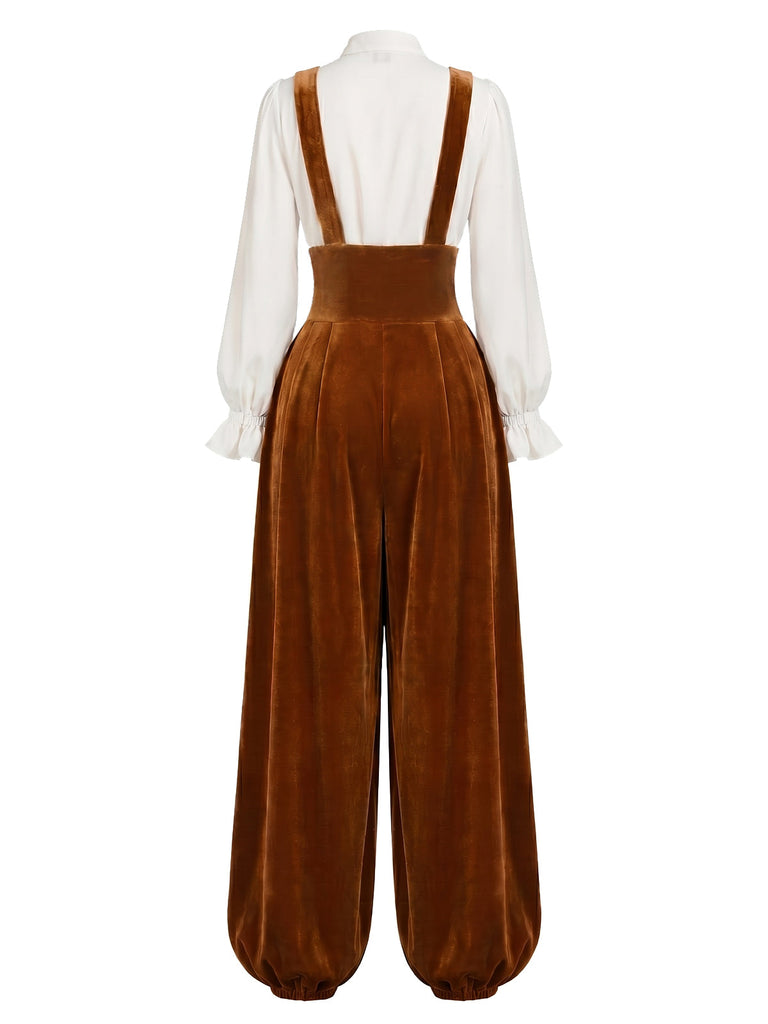 Hellbraun-weißes 70er Set aus Bluse und Samt-Latzharemshose