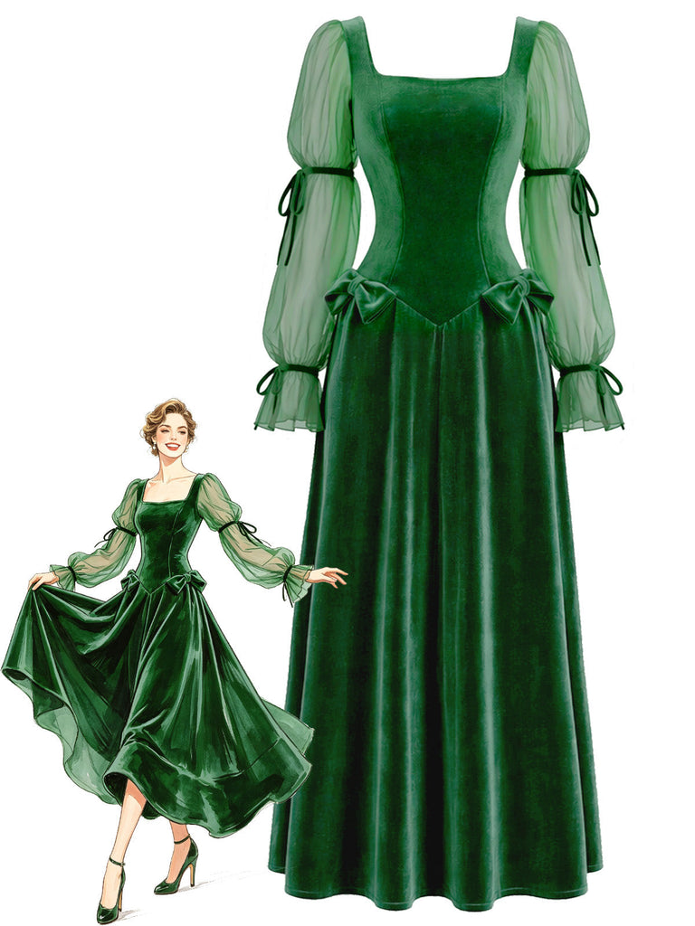 Grünes 30er Samtkleid mit Chiffonärmeln und Schleifen