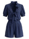 50er Set aus Puffärmel-Rüschenbluse mit Schleife und Shorts