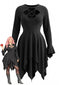 [Übergröße] Schwarzes 70er Kleid mit Cut-Out und asymmetrischem Saum