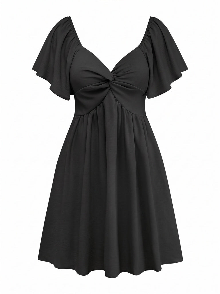 70er Kleid mit tiefem Ausschnitt, Volantärmeln und hoher Taille