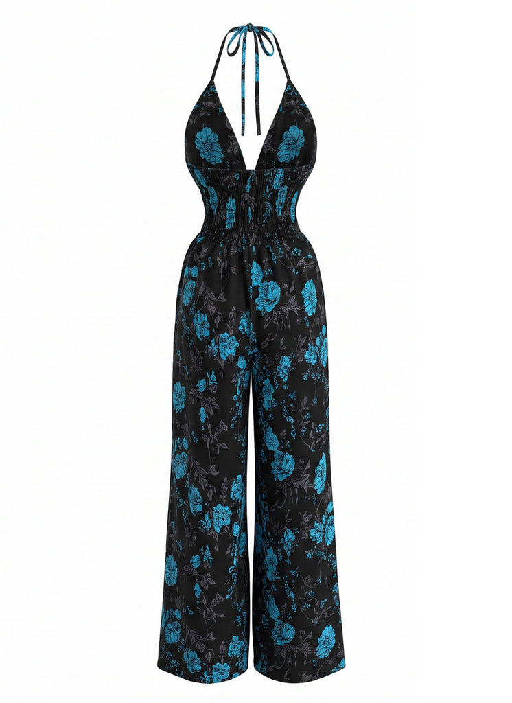 Schwarzer & Blauer 70er Jumpsuit mit Neckholder und Blumen