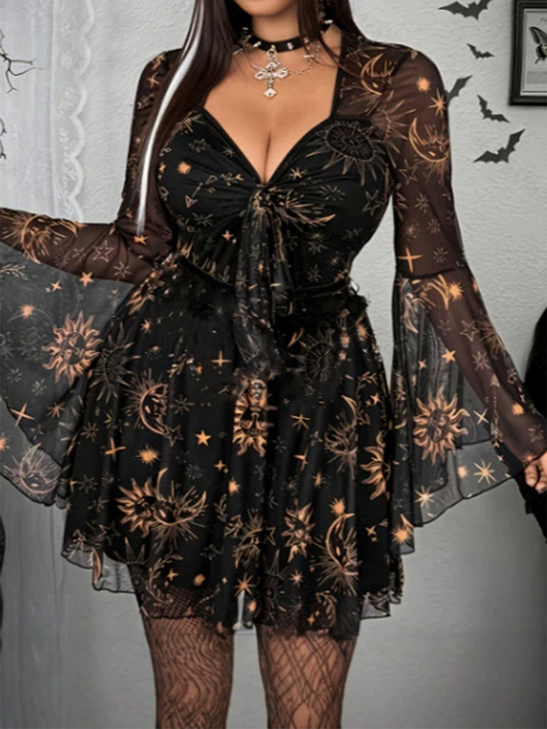 [Übergröße] Schwarzes 80er Meshkleid mit Kosmosprint