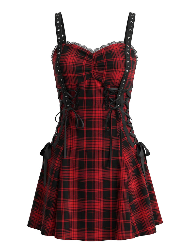 Schwarz-rotes 50er Halloween Kleid mit Fledermausärmeln und Karo