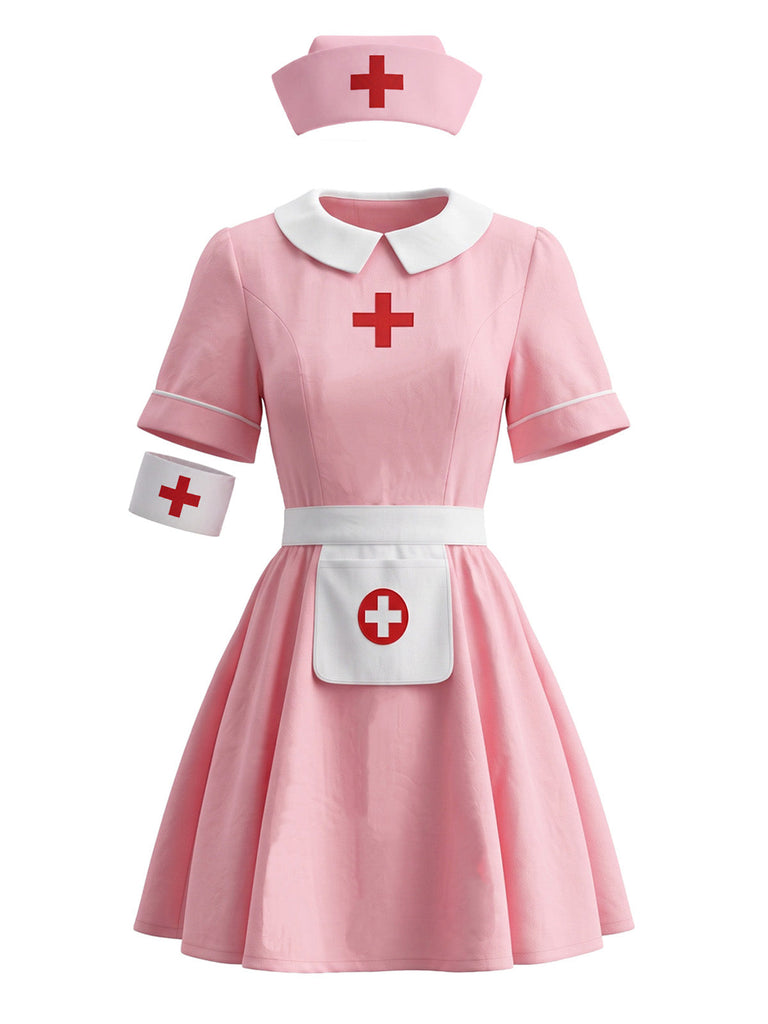 Rosa 70er Krankenschwester-Kostümset mit Peter-Pan-Kragen