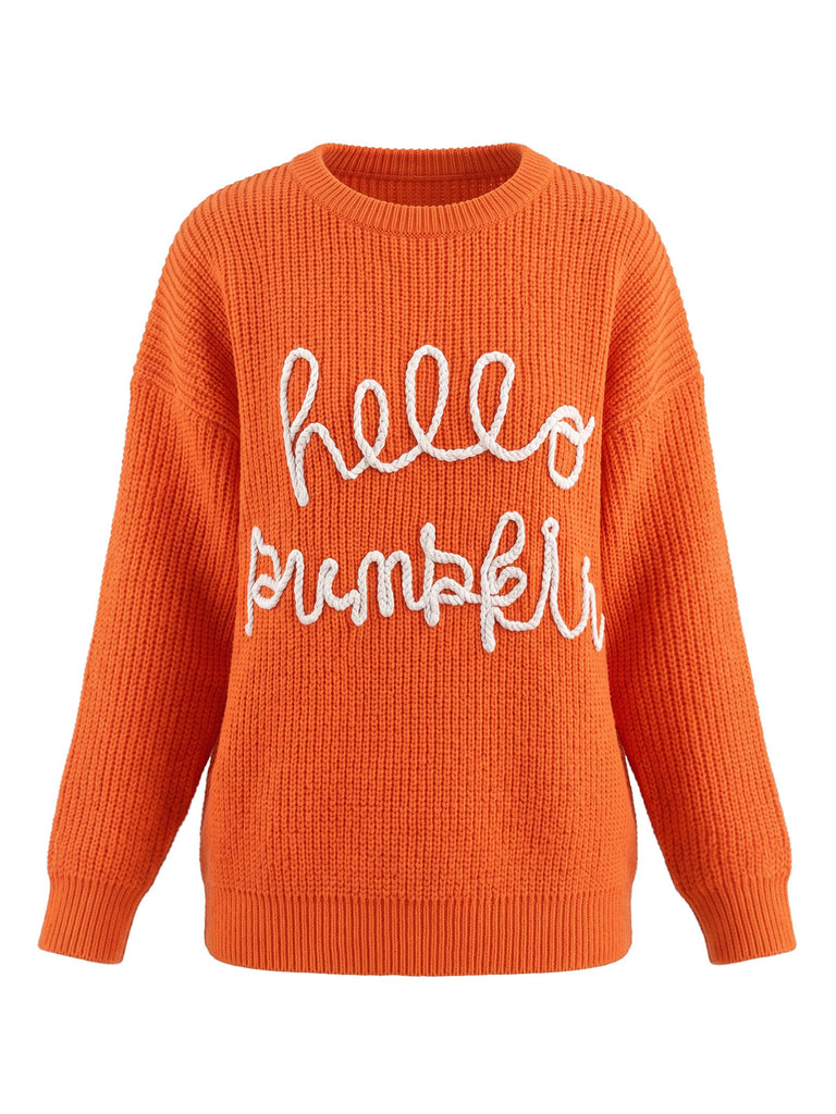 Orange 40er Strickpullover mit Buchstaben-Print und Rundhals