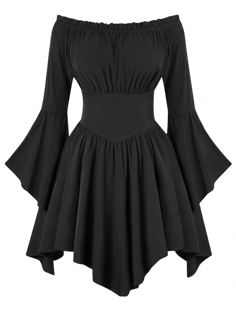 40er schulterfreies Smockkleid mit Raffung und Fledermaus
