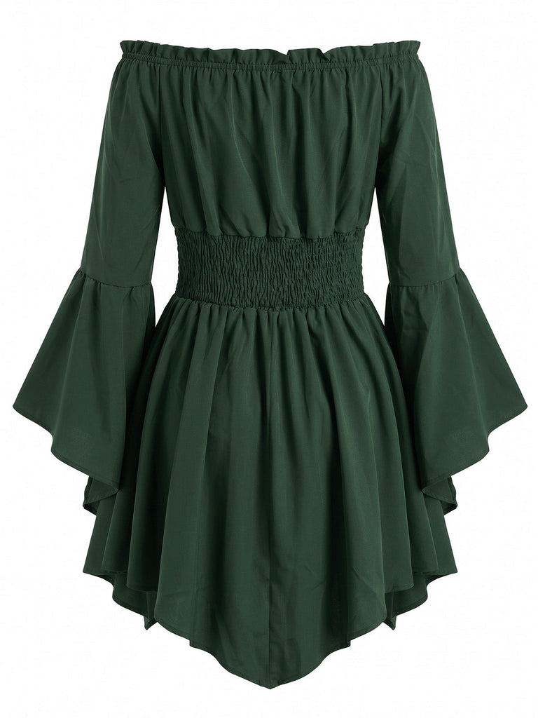 40er schulterfreies Smockkleid mit Raffung und Fledermaus