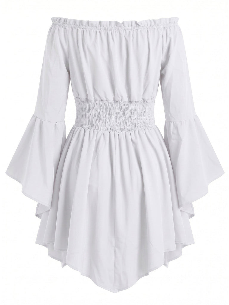 40er schulterfreies Smockkleid mit Raffung und Fledermaus