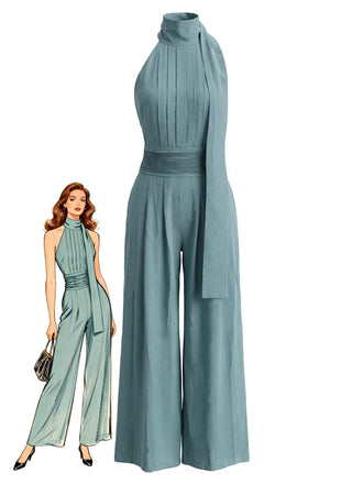 Blauer 30er Jumpsuit mit Neckholder und offenem Rücken