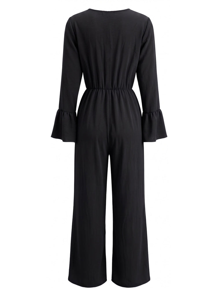 70er Jumpsuit in Wickeloptik mit V-Ausschnitt und Glockenärmeln