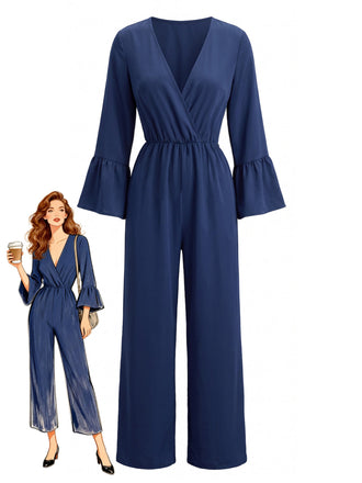 70er Jumpsuit in Wickeloptik mit V-Ausschnitt und Glockenärmeln