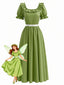 Grünes 70er Regency-Maxikleid mit eckigem Ausschnitt und Rüschen