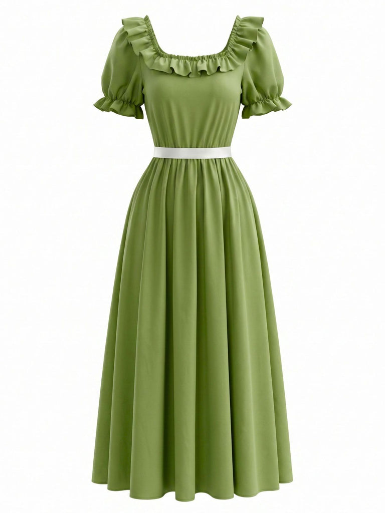 Grünes 70er Maxikleid mit Eckiger Ausschnitt und Rüschen