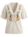 Beige 40er Strick-Top mit Blumen und Vorderbindung