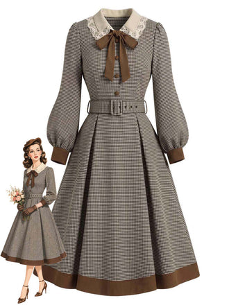 Hellbraunes 50er Hahnentrittkleid mit Schluppe und Gürtel