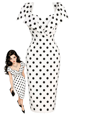 Weißes 60er Bleistiftkleid mit Polka-Dots und Umschlagkragen