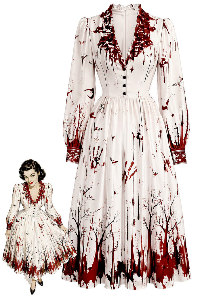 Rot-weißes 50er Kleid mit Fledermaus und Blutprint