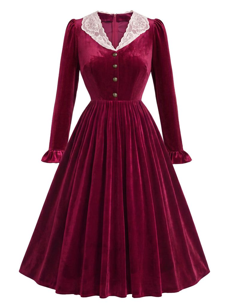 50er Samt-Midikleid mit Spitzenkragen und Rüschenärmeln