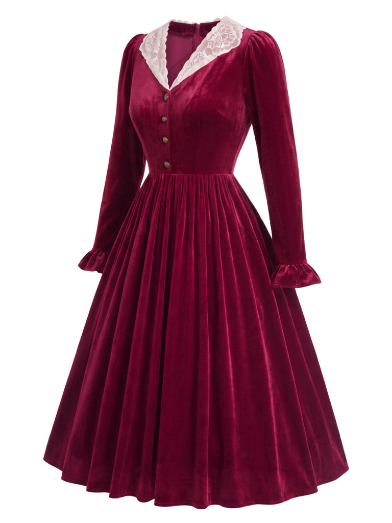 50er Samt-Midikleid mit Spitzenkragen und Rüschenärmeln