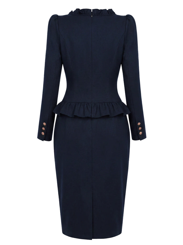 [Vorverkauf] Dunkelblaues 50er Blazer-Bleistiftkleid mit Rüschenkragen