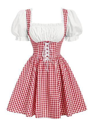 Rot-weißes 50er Gingham-Kleid mit Raffungen und Schnürung