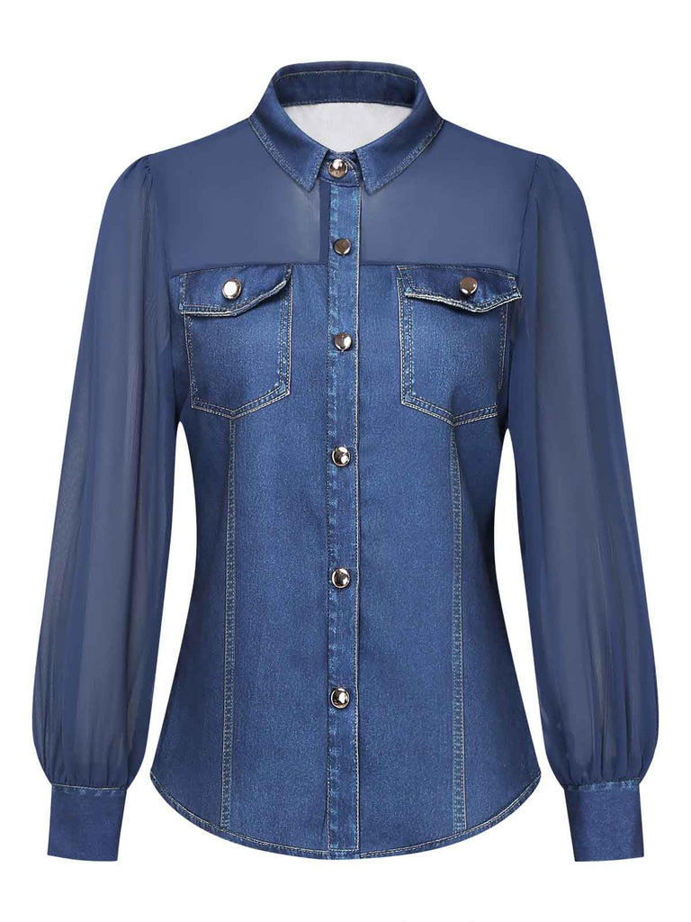 Marineblaue 80er Bluse mit Chiffonpartien und Einsätzen in Denim-Optik