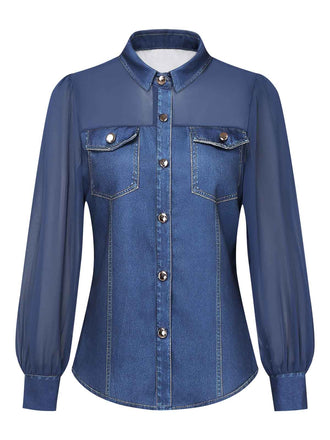 Marineblaue 80er Bluse mit Chiffonpartien und Einsätzen in Denim-Optik