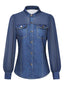 Marineblaue 80er Bluse mit Chiffonpartien und Einsätzen in Denim-Optik