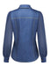 Marineblaue 80er Bluse mit Chiffonpartien und Einsätzen in Denim-Optik
