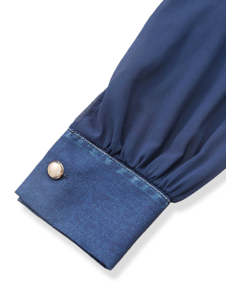Marineblaue 80er Bluse mit Chiffonpartien und Einsätzen in Denim-Optik