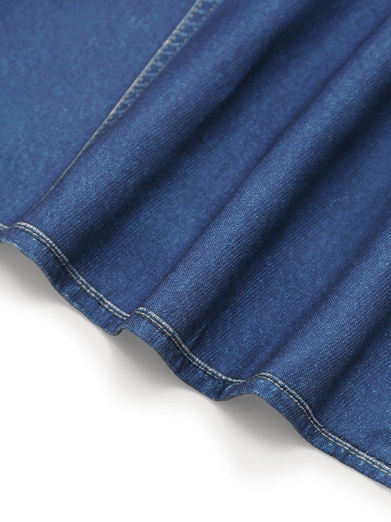 Marineblaue 80er Bluse mit Chiffonpartien und Einsätzen in Denim-Optik